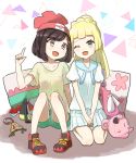  2girls absurdres backpack bag beanie black_hair blonde_hair clefairy creatures_(company) game_freak gen_1_pokemon green_eyes green_shorts handbag hat highres lillie_(pokemon) long_hair mizuki_(pokemon) multiple_girls nintendo one_eye_closed open_mouth peppedayo_ne pointing pointing_up poke_ball pokemon pokemon_(game) pokemon_sm ponytail red_hat shirt shoes short_hair short_sleeves shorts sitting skirt stuffed_toy white_shirt white_skirt 