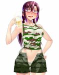  @_@ alcohol bad_id bad_pixiv_id beer blue_eyes breasts brown_hair camouflage camouflage_shorts camouflage_tank_top covered_nipples cup drunk evangelion:_2.0_you_can_(not)_advance froth glasses hand_on_hip icebox makinami_mari_illustrious medium_breasts midriff mug navel neon_genesis_evangelion open_clothes open_shorts panties pubic_hair rebuild_of_evangelion shorts solo tank_top twintails unbuttoned underwear uneven_eyes 