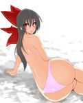  arm_support ass bad_id bad_pixiv_id bangs bikini black_hair bow from_behind hair_bow hakurei_reimu hips jont long_hair looking_at_viewer looking_back lying on_side red_eyes ringed_eyes solo swimsuit touhou white_background wide_hips 