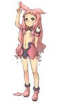  animal_ears arm_behind_back bare_legs blue_eyes boots bunny_ears covering covering_breasts full_body gebyy-terar hair_over_breasts heart highres long_hair looking_up melona navel petite pink_hair prehensile_hair puddle queen's_blade revealing_clothes simple_background skirt solo very_long_hair younger 