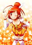  bike_shorts blush choker collarbone cure_sunny grin hair_bun hand_on_hip hino_akane_(smile_precure!) kagami_chihiro magical_girl one_eye_closed orange_(color) orange_background orange_hair orange_skirt precure red_choker red_eyes red_shorts salute short_hair shorts shorts_under_skirt skirt smile smile_precure! solo star starry_background thighhighs tiara two-finger_salute white_legwear 