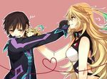 1boy 1girl bare_shoulders black_hair breasts brown_eyes choker coat hand_puppet jude_mathis midriff milla_maxwell multicolored_hair puppet red_eyes tales_of_(series) tales_of_xillia 