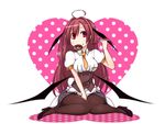  adjusting_hair ahoge alternate_costume bat_wings black_legwear blush breasts corset doughnut earlgrey food hair_ornament hairclip head_wings heart high_heels koakuma long_hair low_wings medium_breasts mouth_hold necktie no_nose orange_neckwear pantyhose pointy_ears polka_dot red_eyes red_hair shoes sitting solo touhou wings 