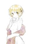  alternate_hair_length alternate_hairstyle bare_shoulders blonde_hair blush dress hair_ornament jewelry mahou_shoujo_madoka_magica mijinkouka necklace partially_colored short_hair smile solo sweater sweater_dress tomoe_mami yellow_eyes 