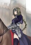  armor armored_dress blonde_hair braid capelet dress fate/apocrypha fate_(series) gauntlets headpiece highres horse jeanne_d'arc_(fate) jeanne_d'arc_(fate)_(all) long_hair purple_eyes purple_legwear riding single_braid solo thighhighs venezia_(fanfoo) 