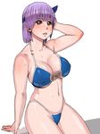  adjusting_hair arm_support arm_up ayane_(doa) bare_shoulders bikini blush breasts brown_eyes covered_nipples dead_or_alive hairband headband highleg highleg_bikini highleg_swimsuit large_breasts legs navel purple_hair red_eyes short_hair sweat swimsuit thighs thong_bikini underboob zenkou 