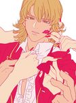  bad_id bad_pixiv_id barnaby_brooks_jr blonde_hair fingernails formal green_eyes kanako_(teen) lipstick_mark multiple_girls nail_polish open_clothes open_shirt shirt solo_focus suit tiger_&amp;_bunny 