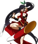  artist_request bare_shoulders black_hair blazblue breasts center_opening china_dress chinese_clothes cleavage dress fighting_stance glasses hair_ornament lao_jiu large_breasts leg_up legs litchi_faye_ling long_hair official_art panda ponytail staff standing standing_on_one_leg thighs transparent_background very_long_hair 
