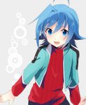 :d bad_id bad_pixiv_id blue_eyes blue_hair cardfight!!_vanguard hage_ta looking_back male_focus open_mouth sendou_aichi simple_background smile solo white_background 