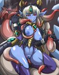 artist_request blue_skin breasts highres inverted_nipples kokuyoueiha_seisougetsu lips monster_girl navel nipples pointy_ears pussy pussy_juice red_eyes shinrabanshou sweat tentacle tentacle_girl xelvy 