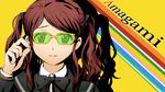  amagami bespectacled brown_eyes brown_hair copyright_name glasses kibito_high_school_uniform lips makisige nakata_sae parody persona persona_4 school_uniform solo style_parody twintails yellow-framed_eyewear 