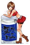  ahoge alcohol avenne beer bike_shorts breasts brown_hair headphones highres leg_up medium_breasts meiko midriff red_eyes short_hair skirt smile solo traditional_media vocaloid 