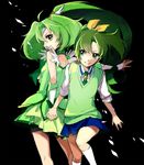  black_background bow cherico choker cure_march dress dual_persona green green_choker green_eyes green_hair green_neckwear green_shorts green_skirt hair_bow holding_hands long_hair magical_girl midorikawa_nao nanairogaoka_middle_school_uniform necktie petals ponytail precure school_uniform shorts shorts_under_skirt skirt sleeves_rolled_up smile smile_precure! socks sweater_vest tiara tri_tails wrist_cuffs 