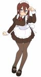  apron black_legwear blue_eyes blush breasts brown_hair glasses highres large_breasts maid maid_headdress original oza_watto pantyhose simple_background skirt solo wavy_mouth 