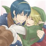  2boys blonde_hair blue_hair blue_shirt carry carrying crossover earrings fingerless_gloves fire_emblem gloves green_shirt hat hug jewelry link lowres male male_focus marth multiple_boys nintendo pointy_ears princess_carry shirt smile the_legend_of_zelda yaoi 