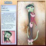  dreamkeepers english_text eyewear feline female fur glasses green_fur hair information lilith_calah long_hair mammal model_sheet purple_eyes solo text 