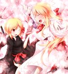  ^_^ bad_id bad_pixiv_id blonde_hair cherry_blossoms closed_eyes cup fang gourd hat hat_removed headwear_removed highres japanese_clothes kimono kuroyume_(dark495) lily_white long_hair multiple_girls one_eye_closed open_mouth outstretched_arms red_eyes ribbon rumia sakazuki short_hair smile sword touhou tree weapon wide_sleeves 