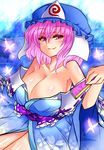  bare_shoulders breasts bug butterfly cleavage hat huge_breasts insect japanese_clothes kimono off_shoulder pink_eyes pink_hair roki_(hirokix) saigyouji_yuyuko short_hair smile solo touhou triangular_headpiece 