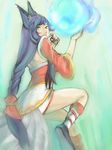  ahri animal_ears bad_id bad_pixiv_id blue_hair braid facial_mark fireball fox_ears fox_tail korean_clothes league_of_legends long_hair multiple_tails single_braid tail very_long_hair whisker_markings yellow_eyes zorra 