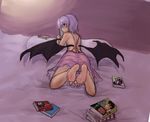  barefoot bed book kuro_suto_sukii purple_hair red_eyes remilia_scarlet short_hair touhou wings wriggle_nightbug 