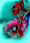  blue_eyes deadpool equine female friendship_is_magic hair hi_res horse human male mammal my_little_pony pencilpup pink_hair pinkie_pie_(mlp) pony sword weapon 