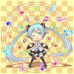  aqua_eyes aqua_hair bad_id bad_pixiv_id boots checkered checkered_background chibi detached_sleeves hatsune_miku head_tilt long_hair musical_note necktie one_eye_closed shiitake_(mm0820) skirt solo thigh_boots thighhighs twintails very_long_hair vocaloid 