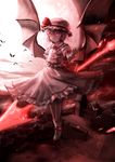  bat bat_wings dress flying full_moon hat highres mansion moon parted_lips red red_eyes remilia_scarlet scarlet_devil_mansion short_hair solo spear_the_gungnir touhou wings won_(toufunokado) 