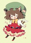  :d ^_^ animal_ears bad_id bad_pixiv_id belt bow bowtie brown_hair cat_ears cat_tail chen chibi closed_eyes fang flower haru_(kyou) hat heart jewelry open_mouth short_hair single_earring skirt skirt_set smile solo tail touhou 