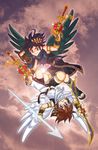  2boys angel arrow blue_eyes crown dark_pit jewelry kid_icarus kid_icarus_uprising multiple_boys nintendo pit pit_(kid_icarus) red_eyes shiny short_hair sky sword tunic weapon wings wreath 