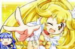  :d ;d aoki_reika blonde_hair blue_hair blush_stickers bow choker cure_beauty cure_peace eyelashes hair_flaps herada_mitsuru kise_yayoi long_hair magical_girl multiple_girls one_eye_closed open_mouth orange_choker precure smile smile_precure! translated v yellow yellow_bow yellow_eyes |_| 