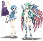  2girls altrene altrene_(cosplay) anklet bare_legs bare_shoulders blue_eyes blue_hair brown_eyes busou_shinki cosplay flower frog_hair_ornament green_eyes green_hair gun hair_ornament heterochromia high_heels hoshi_no_gen jewelry karakasa_obake kochiya_sanae long_hair mechanical_wings multiple_girls no_nose panties purple_umbrella red_eyes shoes short_hair tatara_kogasa touhou umbrella underwear very_long_hair weapon white_panties wings 