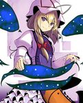  blonde_hair dress gap hair_ribbon hat hat_ribbon ne_kuro purple_dress purple_eyes ribbon smile solo tabard touhou yakumo_yukari 