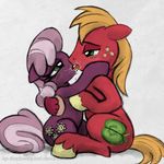  big_macintosh_(mlp) blonde_hair cheerilee_(mlp) cutie_mark duo equine eye_contact female feral french_kiss french_kissing friendship_is_magic fur green_eyes hair hooves horse karol_pawlinski kissing licking male mammal my_little_pony pink_hair pony purple_fur red_fur straight texture_background tongue tongue_kissing 