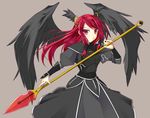  alternate_color alternate_costume alternate_hair_color black_wings blazblue breastplate hair_tubes head_wings hoshi_(ho4_no) long_hair polearm red_eyes red_hair simple_background spear translucent tsubaki_yayoi weapon wings 