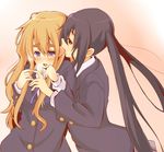  biting black_hair blonde_hair blue_eyes blush breath brown_eyes drooling ear_biting ear_blush eargasm k-on! kotobuki_tsumugi long_hair multiple_girls nakano_azusa school_uniform shouma_keito tears twintails yuri 