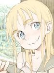  aratagawa_nikei blonde_hair blue_eyes blush eyebrows grin off_shoulder original school_uniform serafuku smile solo undressing 