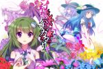  bat_wings blue_hair closed_eyes flower frog_hair_ornament funamushi_nomore green_hair hair_ornament hair_over_eyes hair_tubes hat hinanawi_tenshi kochiya_sanae long_hair multiple_girls nagae_iku purple_eyes purple_hair red_eyes remilia_scarlet short_hair smile snake touhou wings 