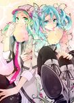  aqua_eyes aqua_hair black_legwear boots casual contemporary green_eyes green_hair gumi hair_ornament hairclip hat hatsune_miku long_hair looking_at_viewer multiple_girls nozaki_tsubata pantyhose short_hair sitting twintails vocaloid 