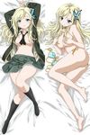  artist_request barefoot bikini blonde_hair blue_bikini blue_eyes blush boku_wa_tomodachi_ga_sukunai breasts butterfly_hair_ornament clothes_removed covering covering_breasts dakimakura derivative_work feet hair_ornament kashiwazaki_sena large_breasts long_hair lying multiple_views navel necktie non-web_source official_art on_back on_bed on_side open_clothes sample school_uniform side-tie_bikini skirt smile socks source_request st._chronica_academy_uniform swimsuit topless 