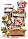  air_conditioner ascot blonde_hair blue_hair book bookshelf bow chibi crescent desk hair_bow hat hounori kirisame_marisa lamp multiple_girls open_mouth patchouli_knowledge plant potted_plant purple_eyes purple_hair reading red_eyes remilia_scarlet sitting touhou wings witch_hat yellow_eyes 