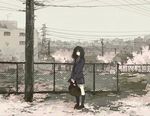  bad_id bad_pixiv_id bag black_hair chain-link_fence cherry_blossoms city cityscape fence hanno head_tilt lamppost long_hair looking_at_viewer original petals power_lines school_uniform skirt skyline solo standing v_arms wind 