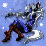  arm_up blue_background blue_eyes book boots full_body long_hair male_focus pants precure sitting smile smile_precure! solo tail wauwa werewolf white_hair wolf_tail wolfrun zoom_layer 