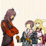  1girl 2boys armor bare_shoulders black_hair breasts coat crossed_arms detached_sleeves gaias gloves jude_mathis milla_maxwell multicolored_hair red_eyes ribbon skirt tales_of_(series) tales_of_xillia yellow_eyes 