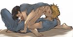  2boys 69 anus blonde_hair blush clothed_sex fullmetal_alchemist hospital_gown jean_havoc lowres multiple_boys oral penis roy_mustang simple_background sweat yaoi younger 