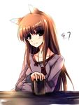  animal_ears blush brown_hair cup holo long_hair looking_at_viewer red_eyes spice_and_wolf windforcelan wolf_ears 