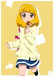  blonde_hair blush cardigan eyelashes food girly_running hairband kise_yayoi kueru_(yuuki_tamerawanai) mouth_hold nanairogaoka_middle_school_uniform pancake precure running school_uniform short_hair skirt smile_precure! solo white_hairband 