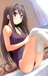  absurdres ayase_sayuki bare_shoulders black_hair blue_eyes blurry blush breasts cleavage depth_of_field dutch_angle hair_intakes highres kantoku long_hair looking_at_viewer medium_breasts one-piece_swimsuit school_swimsuit sitting smile solo swimsuit thighhighs white_legwear your_diary 