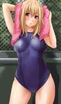  brown_eyes chain-link_fence competition_swimsuit fence highres isshiki_eishin long_hair looking_at_viewer one-piece_swimsuit open_mouth original solo swimsuit towel 