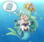  aqua_hair blush braid breasts bubble center_opening chibi cleavage green_hair hat long_hair medium_breasts mermaid monster_girl monster_girl_encyclopedia navel nawiria_vire no_nose o_o open_mouth sea_bishop solo stone_tablet sweatdrop turning_head twin_braids underwater upset 