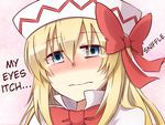  1girl blonde_hair blue_eyes blush bow female hair_bow hard_translated hat hay_fever lily_white long_hair solo touhou translated yutamaro 